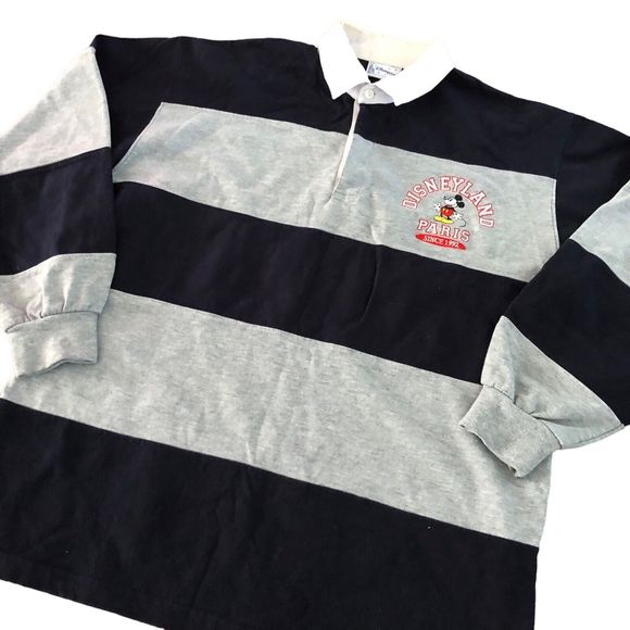 Disneyland Paris Rugby Blue Gray Striped Collared Polo Long Sleeve Shirt L/XL - Picture 3 of 8